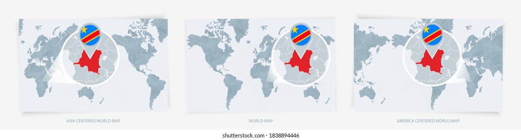 Three versions of the World Map with the enlarged map of DR Congo with flag. Europe, Asia, and America centered world maps.