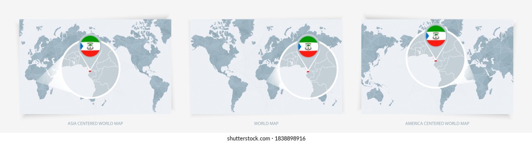 Three versions of the World Map with the enlarged map of Equatorial Guinea with flag. Europe, Asia, and America centered world maps.