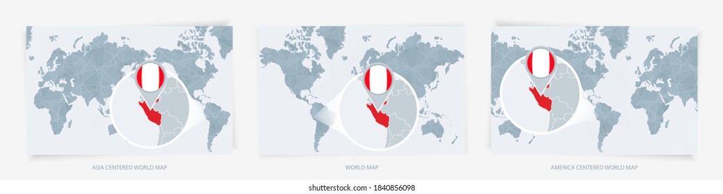 Drei Versionen der Weltkarte mit der erweiterten Karte Perus mit Fahne. Europa, Asien und Amerika haben sich auf Weltkarten konzentriert.