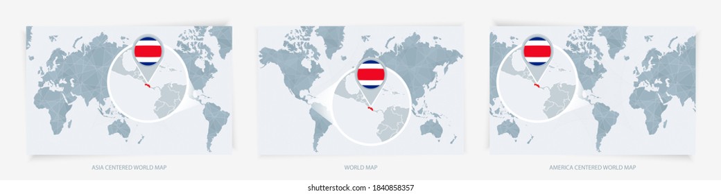 Three versions of the World Map with the enlarged map of Costa Rica with flag. Europe, Asia, and America centered world maps.