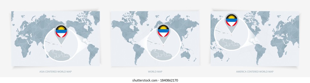 Three versions of the World Map with the enlarged map of Antigua and Barbuda with flag. Europe, Asia, and America centered world maps.