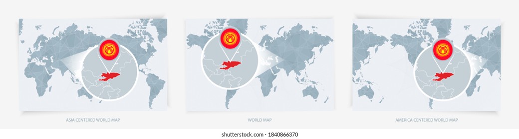Tres versiones del Mapa Mundial con el mapa ampliado de Kirguistán con bandera. Europa, Asia y Estados Unidos centraron los mapas del mundo.