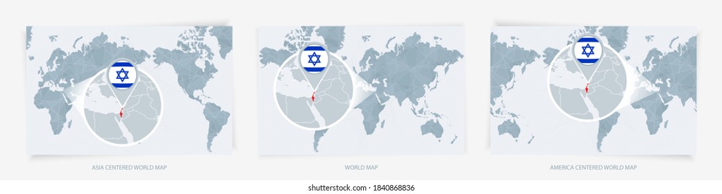 Three versions of the World Map with the enlarged map of Israel with flag. Europe, Asia, and America centered world maps.