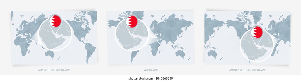 Three versions of the World Map with the enlarged map of Bahrain with flag. Europe, Asia, and America centered world maps.