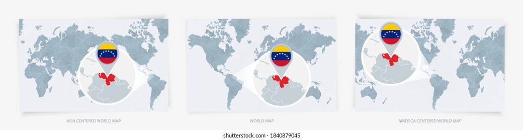 Three versions of the World Map with the enlarged map of Venezuela with flag. Europe, Asia, and America centered world maps.