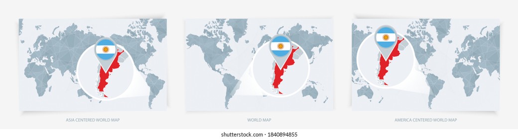 Three versions of the World Map with the enlarged map of Argentina with flag. Europe, Asia, and America centered world maps.