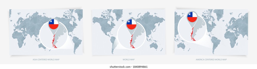 Three versions of the World Map with the enlarged map of Chile with flag. Europe, Asia, and America centered world maps.