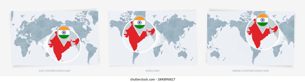 Tres versiones del Mapa Mundial con el mapa ampliado de la India con bandera. Europa, Asia y Estados Unidos centraron los mapas del mundo.