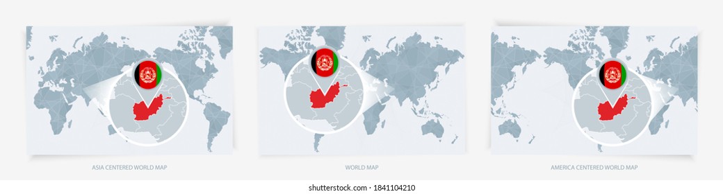 Tres versiones del Mapa Mundial con el mapa ampliado de Afganistán con bandera. Europa, Asia y Estados Unidos centraron los mapas del mundo.