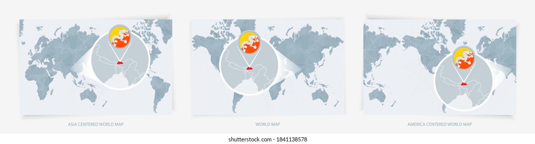 Tres versiones del Mapa Mundial con el mapa ampliado de Bután con bandera. Europa, Asia y Estados Unidos centraron los mapas del mundo.