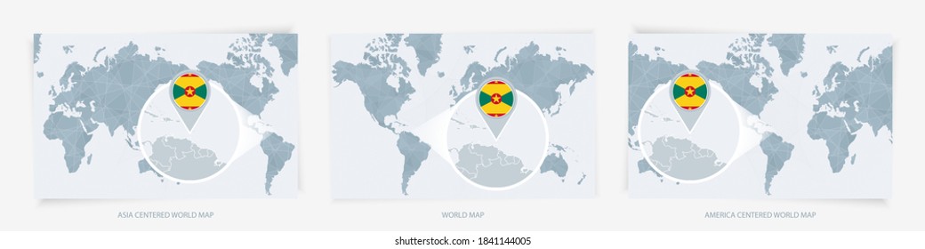 Three versions of the World Map with the enlarged map of Grenada with flag. Europe, Asia, and America centered world maps.