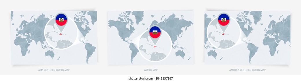 Three versions of the World Map with the enlarged map of Haiti with flag. Europe, Asia, and America centered world maps.