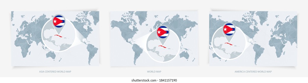 Three versions of the World Map with the enlarged map of Cuba with flag. Europe, Asia, and America centered world maps.
