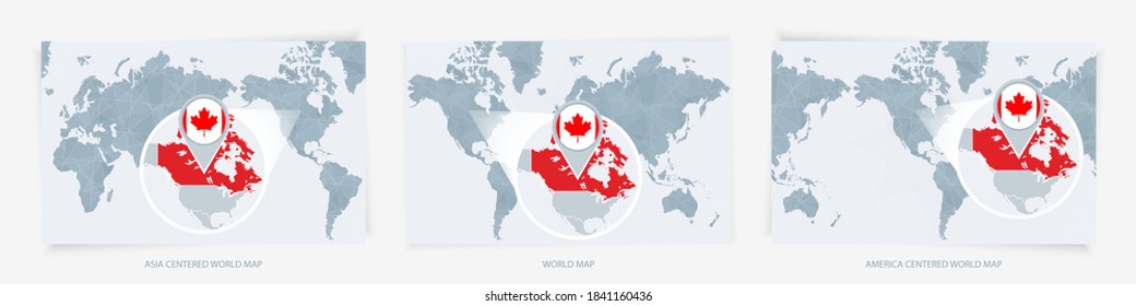 Three versions of the World Map with the enlarged map of Canada with flag. Europe, Asia, and America centered world maps.