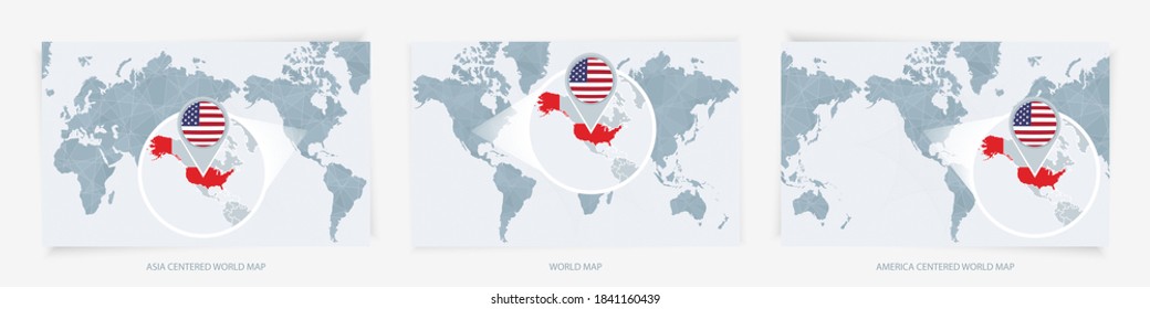 Three versions of the World Map with the enlarged map of USA with flag. Europe, Asia, and America centered world maps.