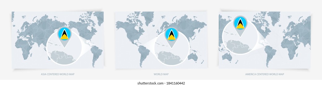 Tres versiones del Mapa Mundial con el mapa ampliado de Santa Lucía con bandera. Europa, Asia y Estados Unidos centraron los mapas del mundo.