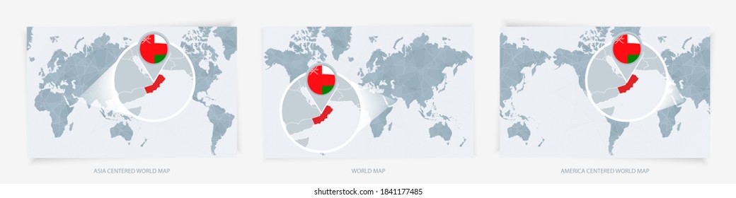 Three versions of the World Map with the enlarged map of Oman with flag. Europe, Asia, and America centered world maps.