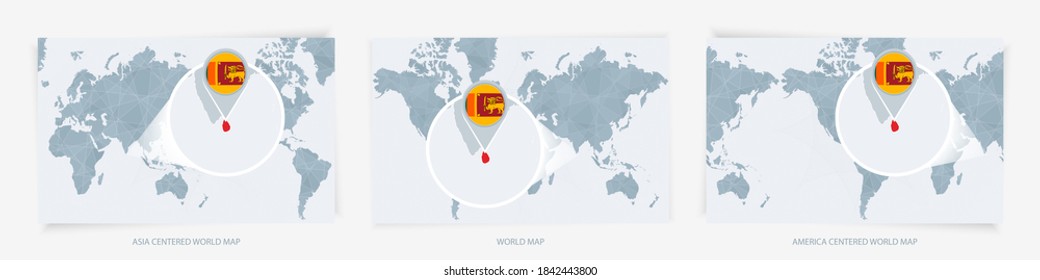 Three versions of the World Map with the enlarged map of Sri Lanka with flag. Europe, Asia, and America centered world maps.