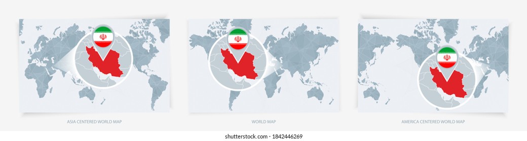 Tres versiones del Mapa Mundial con el mapa ampliado de Irán con bandera. Europa, Asia y Estados Unidos centraron los mapas del mundo.