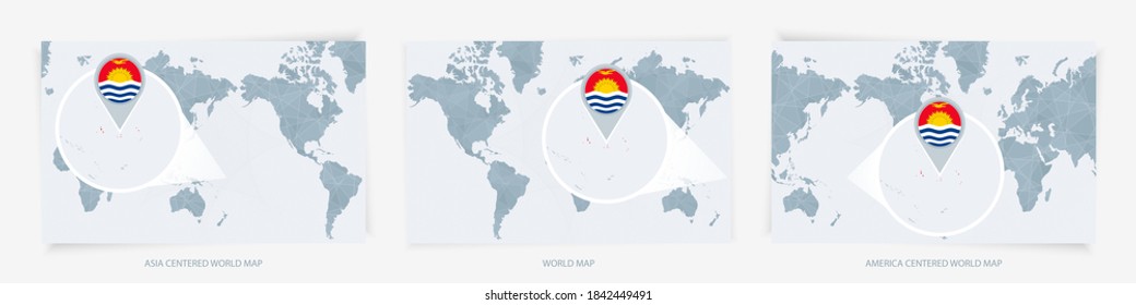 Three versions of the World Map with the enlarged map of Kiribati with flag. Europe, Asia, and America centered world maps.