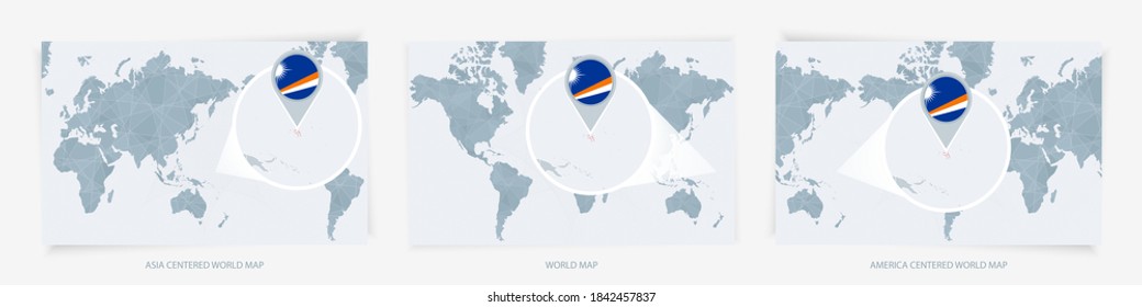 Three versions of the World Map with the enlarged map of Marshall Islands with flag. Europe, Asia, and America centered world maps.