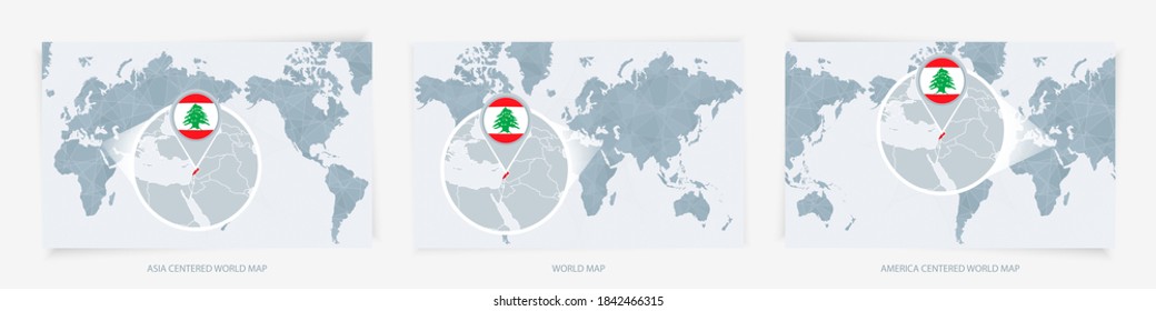 Three versions of the World Map with the enlarged map of Lebanon with flag. Europe, Asia, and America centered world maps.