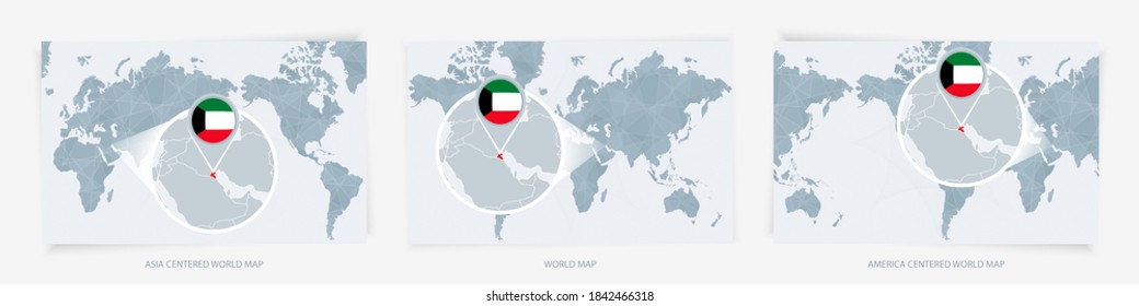 Three versions of the World Map with the enlarged map of Kuwait with flag. Europe, Asia, and America centered world maps.