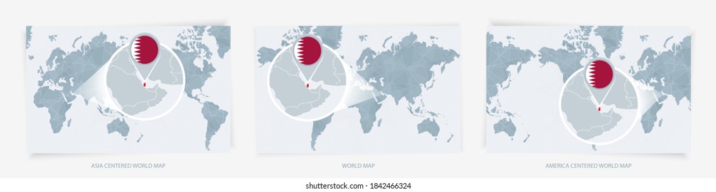 Three versions of the World Map with the enlarged map of Qatar with flag. Europe, Asia, and America centered world maps.