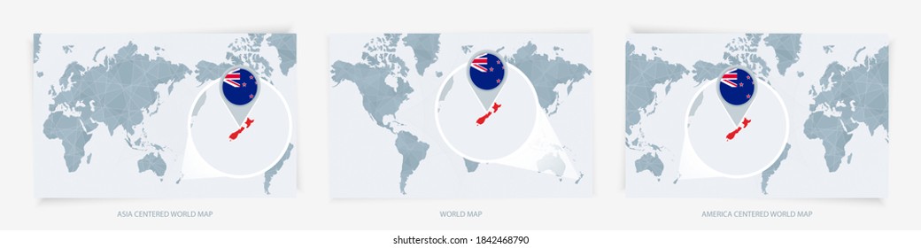 Three versions of the World Map with the enlarged map of New Zealand with flag. Europe, Asia, and America centered world maps.