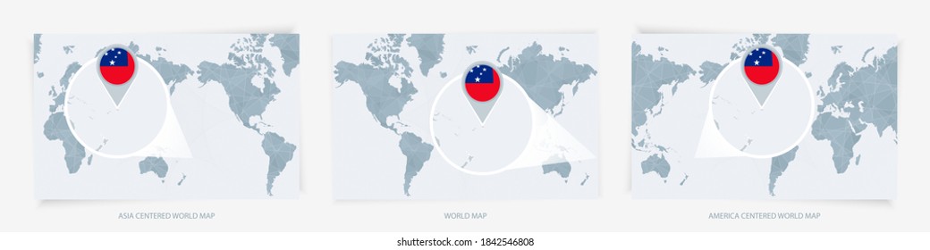 Tres versiones del Mapa Mundial con el mapa ampliado de Samoa con bandera. Europa, Asia y Estados Unidos centraron los mapas del mundo.