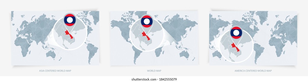 Three versions of the World Map with the enlarged map of Laos with flag. Europe, Asia, and America centered world maps.