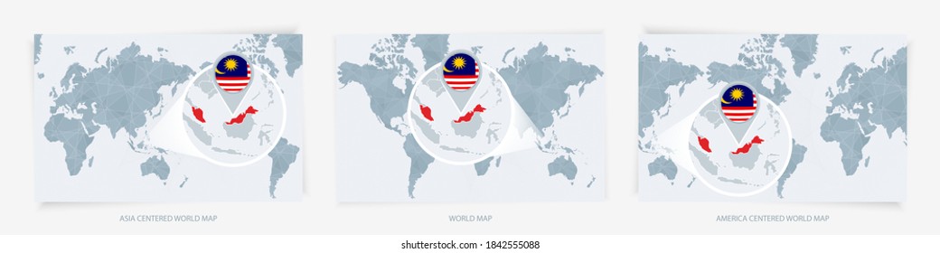 Three versions of the World Map with the enlarged map of Malaysia with flag. Europe, Asia, and America centered world maps.