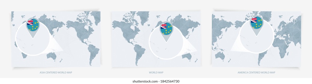 Three versions of the World Map with the enlarged map of Tuvalu with flag. Europe, Asia, and America centered world maps.