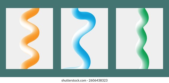Three vertical abstract designs featuring wavy, fluid lines in vibrant orange, blue, and green colors.