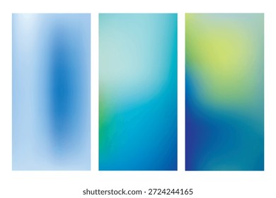 Drei vertikale abstrakte Farbverlauf-Hintergründe mit weichen, unscharfen Farbübergängen in den Farben Blau, Grün und Gelb.