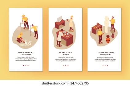 Three vertical archeology banners set with scientists extracting and researching ancient objects 3d isometric isolated vector illustration