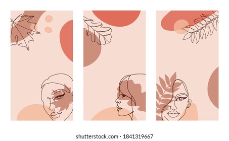 Three vertical backgrounds with a continuous black line of a woman's face with autumn leaves. Vector illustration.