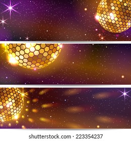 Three Vertical Backgrounds with Golden Disco Ball. EPS 10. Masks are used.  Smartly grouped and layered.