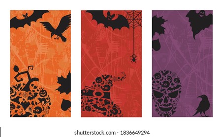 Three vertical backgrounds with halloween details on a red, a purple and an orange grunge background. Vector illustration.