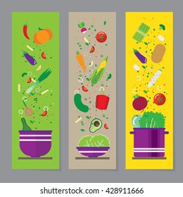 Three vertical banner with shadow. Proper nutrition, foods ingredients.