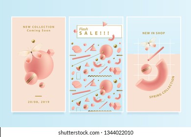 Three vertical banner templates with colorful 3D geometric compositions inspired by Memphis style in blue, golden and pink coral color palette