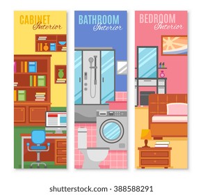 Three Vertical banners with abstract square shaped  interior furniture vector illustration