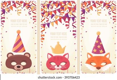 Three vertical banners with animal masks, paper streamers, triangular flags and confetti. Retro vector illustration. Invitation, card, poster, flyer. Place for your text. Costume party layout