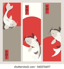 Three vertical banners with carp koi fish swimming around Sun, traditional Japanese style, vector illustration