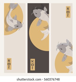 Three vertical banners with carp koi fish swimming around Sun, traditional Japanese style, vector illustration