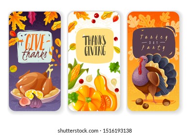 Three vertical banners in cartoon style on the theme of thanksgiving and harvest festival traditional family holiday icons isolated items