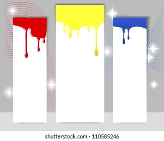 Three vertical banners with dripping paint on a gray background. EPS10. Vector illustration.