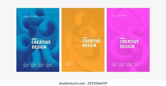 Three vertical banners feature vibrant, abstract liquid swirls in blue, orange, and pink. Each displays Creative Design text.