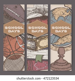 Three vertical banners with hand drawn school related color sketches featuring books, globe, sport equipment. School memories collection. Great for school, education, book shop, retro design.