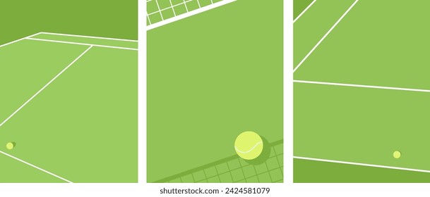 Three vertical banners with a minimalist green tennis court and a tennis ball. Sports related promotions and advertising campaigns designs. Copy space.